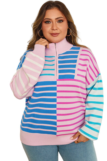Sky Blue Stripe Colorblock Patchwork Plus Size Half Zip Sweater Garden Naked Curves