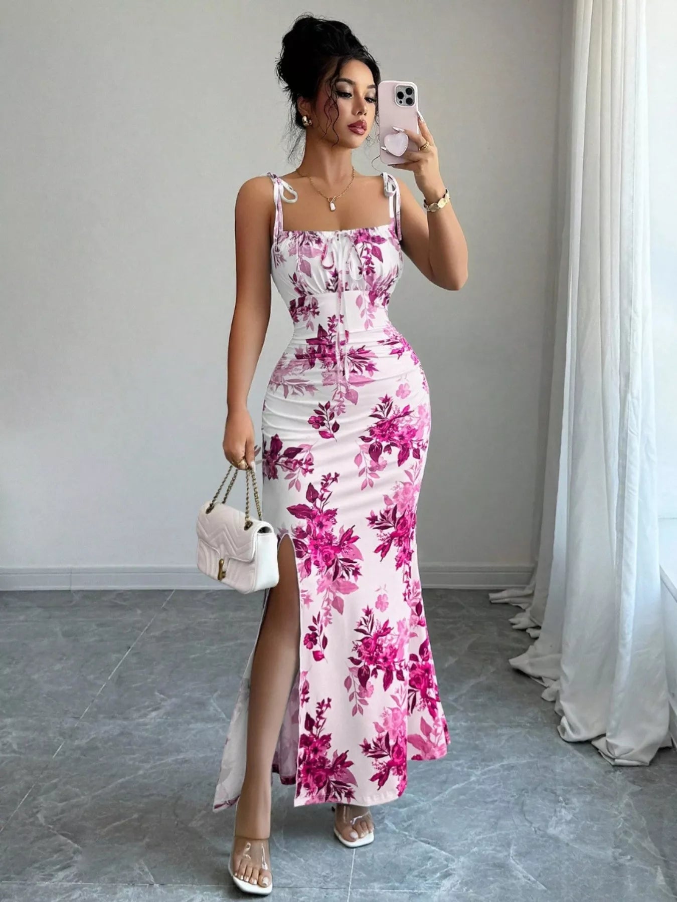 Printed Tie Strap Slit Maxi Dress New Era Fashion LLc