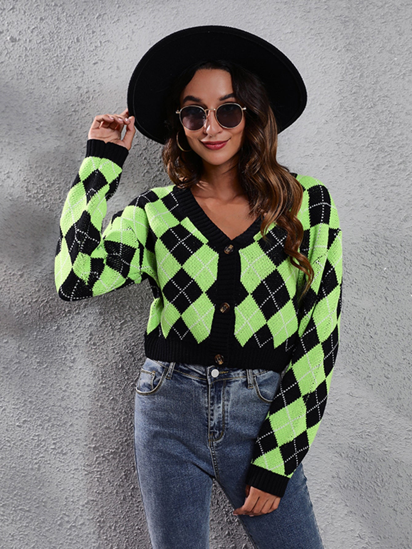 Women'S Elegant Tartan Knit Cardigan, V-Neck Short Length Sweater with Button Detail, Acrylic 100% Long Sleeve Knitwear for Fall/Winter NovaCart