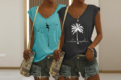 2-Pack Women's V-Neck Sleeveless Tank Tops – Loose Fit Casual Summer Beach Shirts FitiqueFit