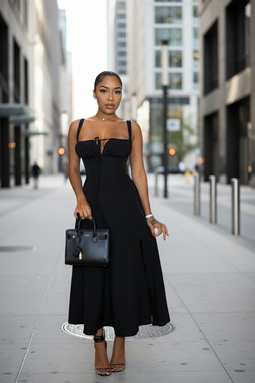 Women’s Solid-Colored Bustier Slit Lace-Up Casual Dress FitiqueFit