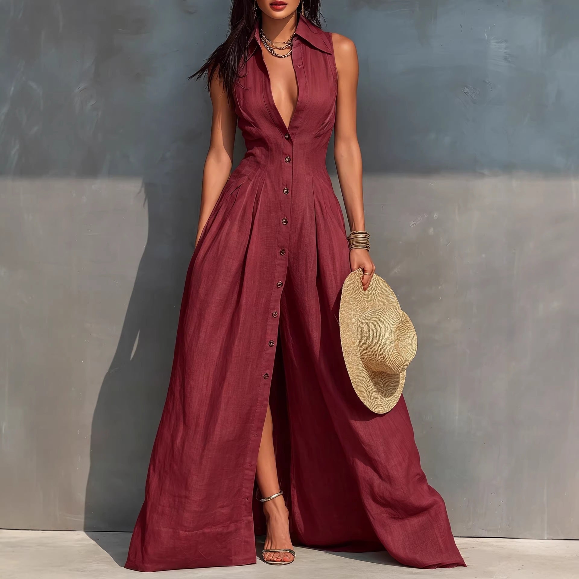 Women's High-Waist Lapel Shirt Maxi Dress – Elegant & Versatile FitiqueFit