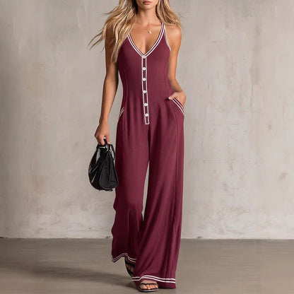 Women's V-Neck Backless Wide-Leg Jumpsuit – High Waist Casual FitiqueFit