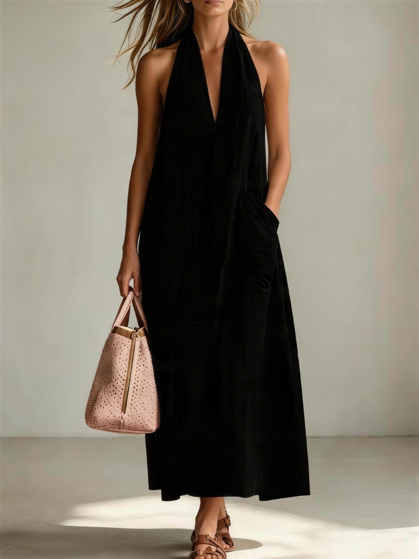Cotton Halterneck Sleeveless Deep V-Neck Loose Straight-Line Dress FitiqueFit