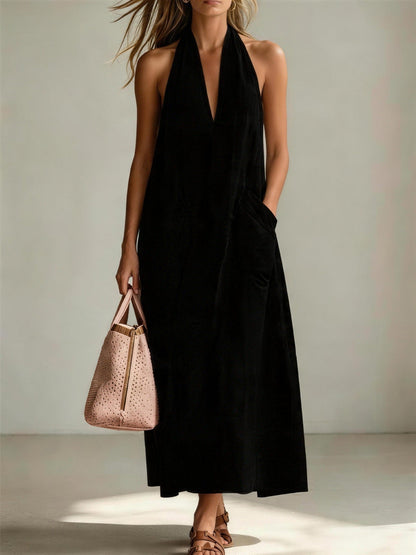 Cotton Halterneck Sleeveless Deep V-Neck Loose Straight-Line Dress FitiqueFit