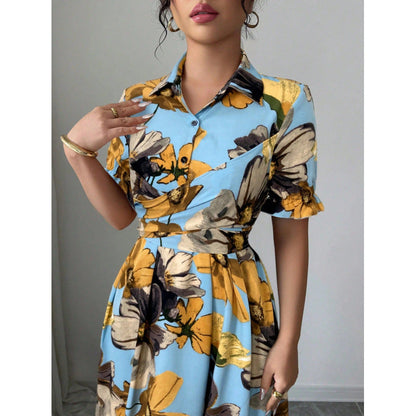 Women’s Printed Puff Sleeve Dress – Blouse Collar Cross-Tie Waist Style FitiqueFit