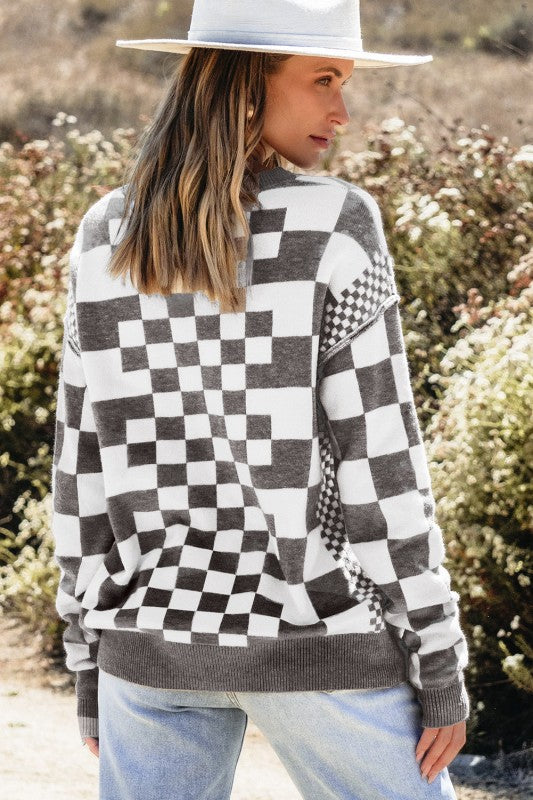 Checker Round Neck Drop Shoulder Sweater Shop Style & More | Fresh Looks, Everyday Deals & Free Shipping