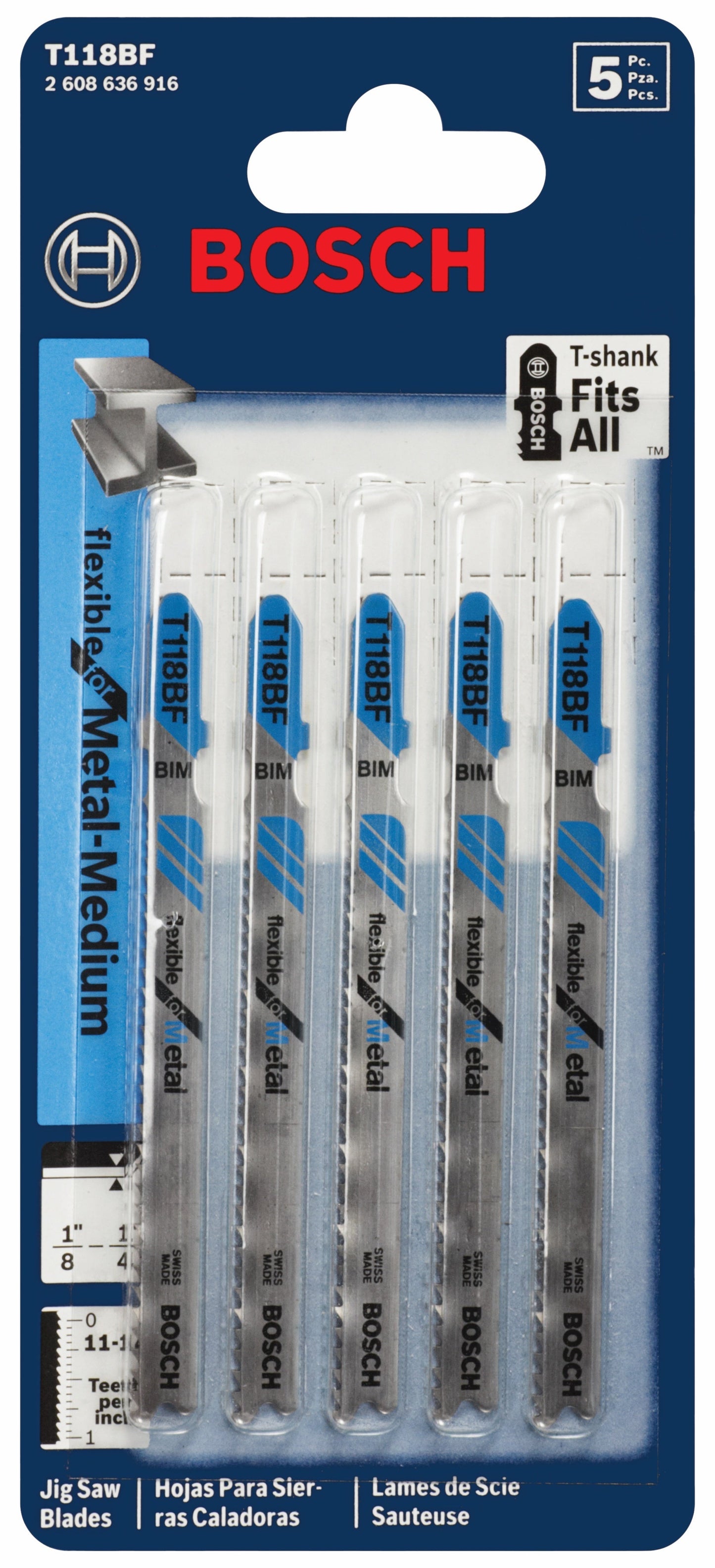 BOSCH T118BF 5 pc. 3-5/8 In. 11-14 TPI Flexible for Metal T-Shank Jig Saw Blades VM Hardware