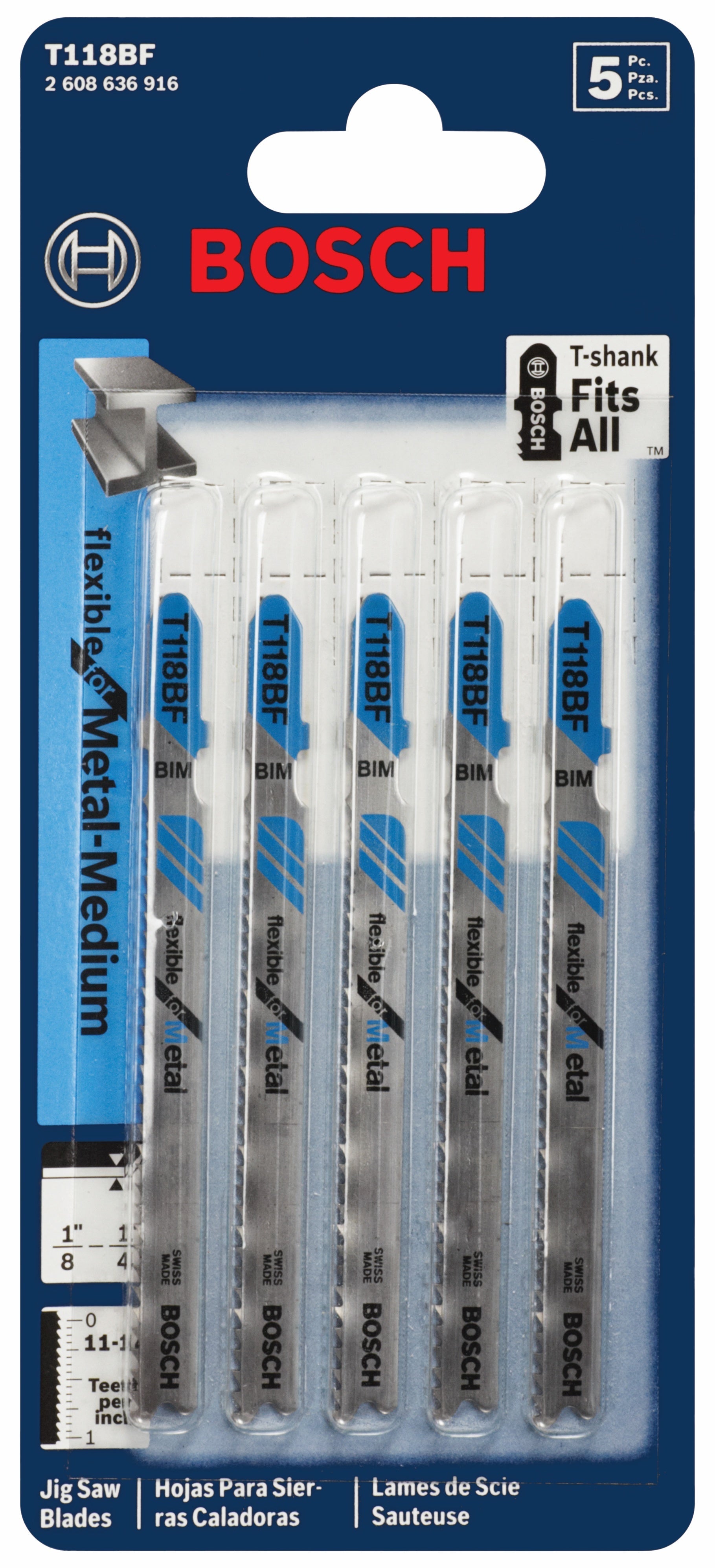 BOSCH T118BF 5 pc. 3-5/8 In. 11-14 TPI Flexible for Metal T-Shank Jig Saw Blades VM Hardware