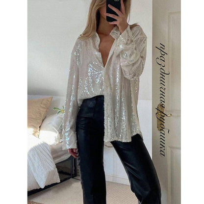 Sequin Lapel Long Sleeve Shirt See size chart under “more details” The Fashion Celestial