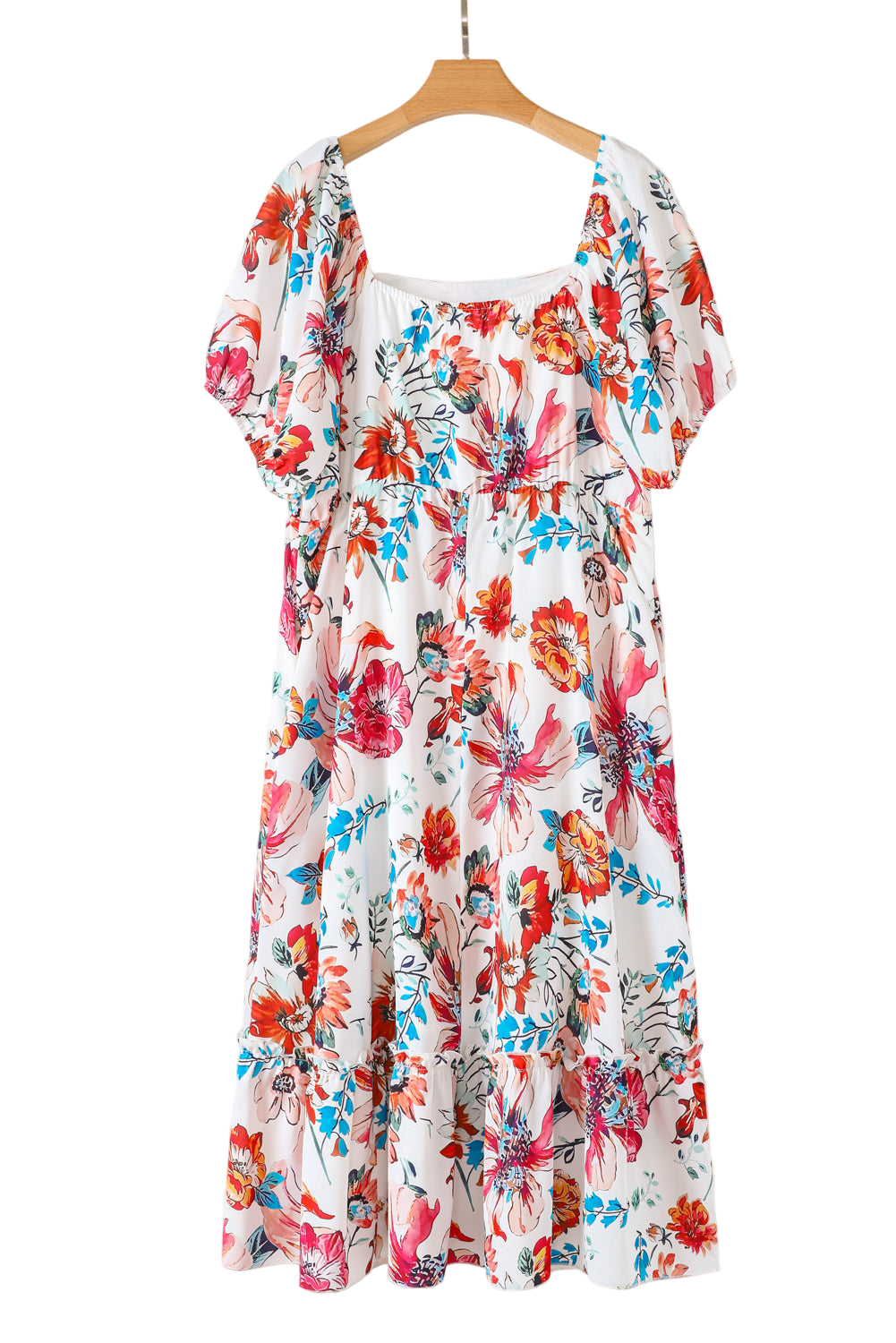 White Floral Square Neck Puff Sleeve Flowy Plus Size Midi Dress Garden Naked Curves