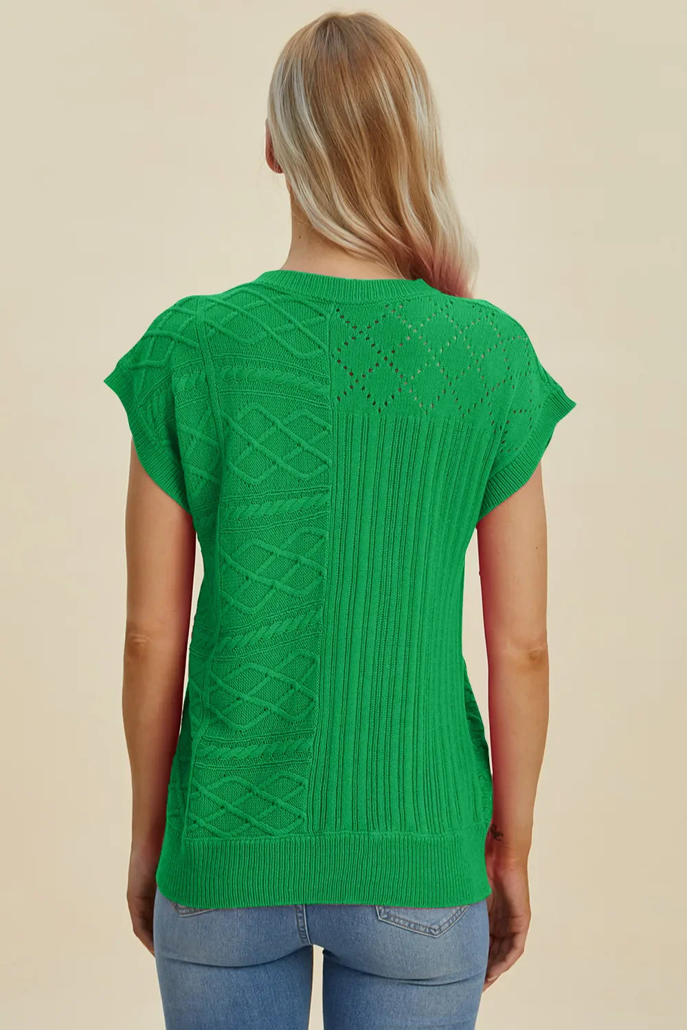 Double Take Full Size Cable-Knit Round Neck Cap Sleeve Sweater New Era Fashion LLc