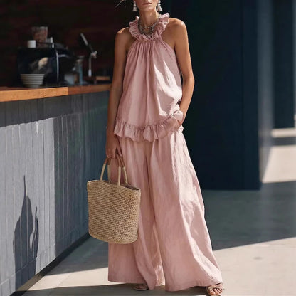 Halterneck Loose Two-Piece Set | Pleated Asymmetric Pocket Set FitiqueFit