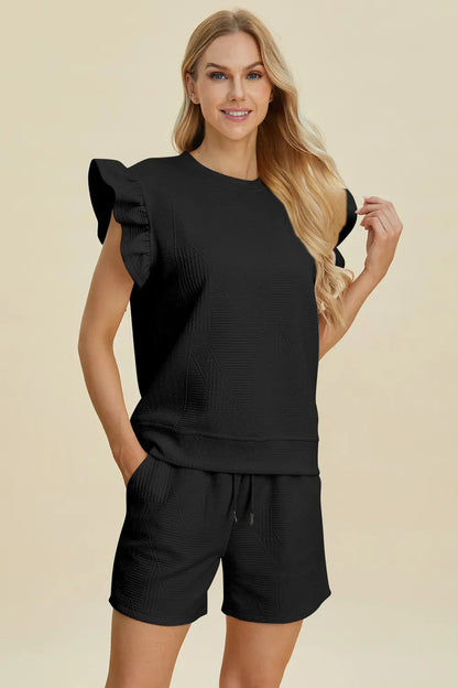 Double Take Full Size Texture Round Neck Ruffle Sleeve Top and Shorts Set West2East Surf