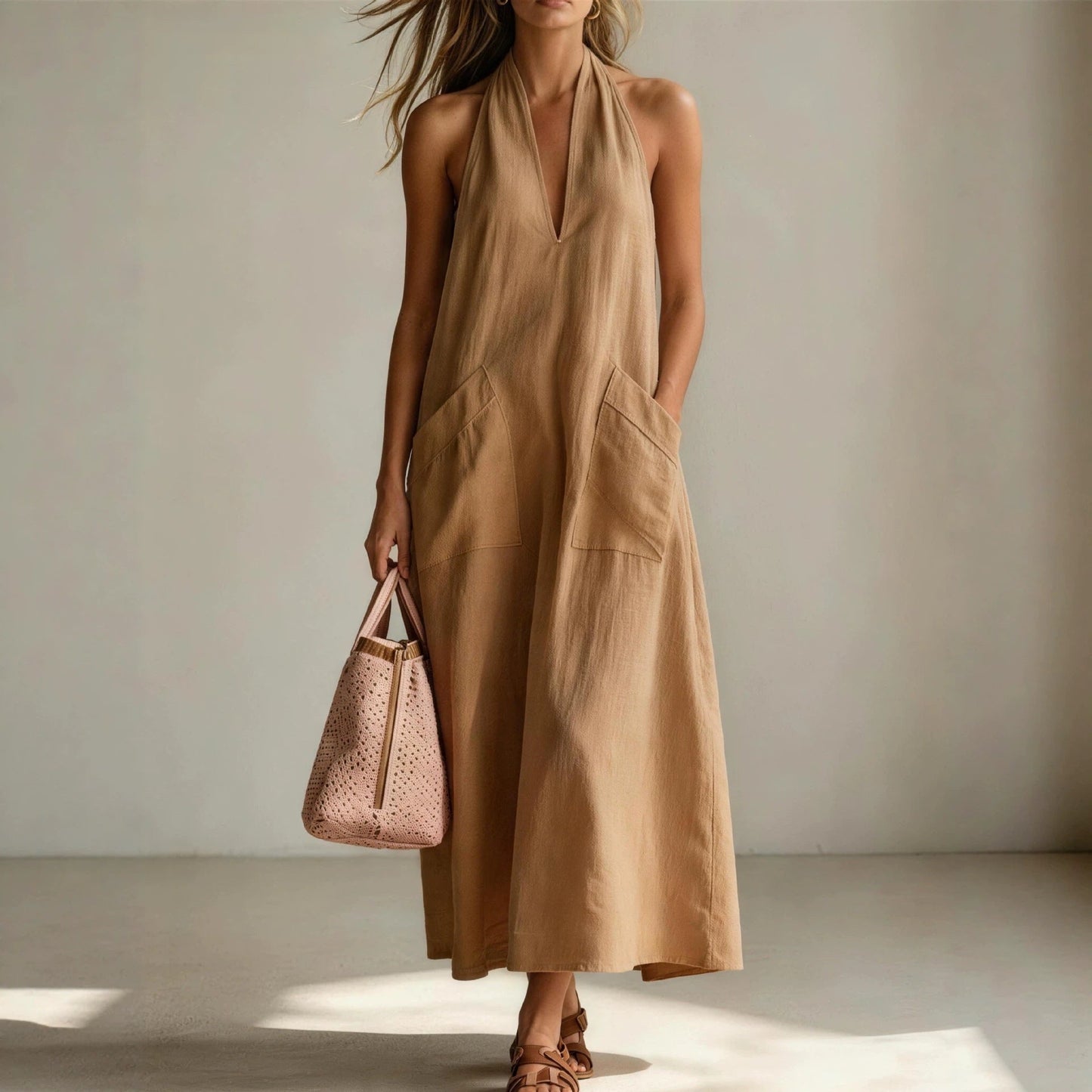Cotton Halterneck Sleeveless Deep V-Neck Loose Straight-Line Dress FitiqueFit
