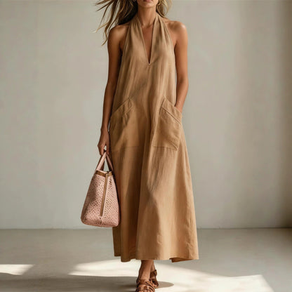 Cotton Halterneck Sleeveless Deep V-Neck Loose Straight-Line Dress FitiqueFit