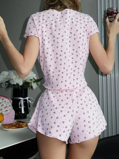Heart Print Ribbed Knit Top and Shorts Lounge Set New Era Fashion LLc