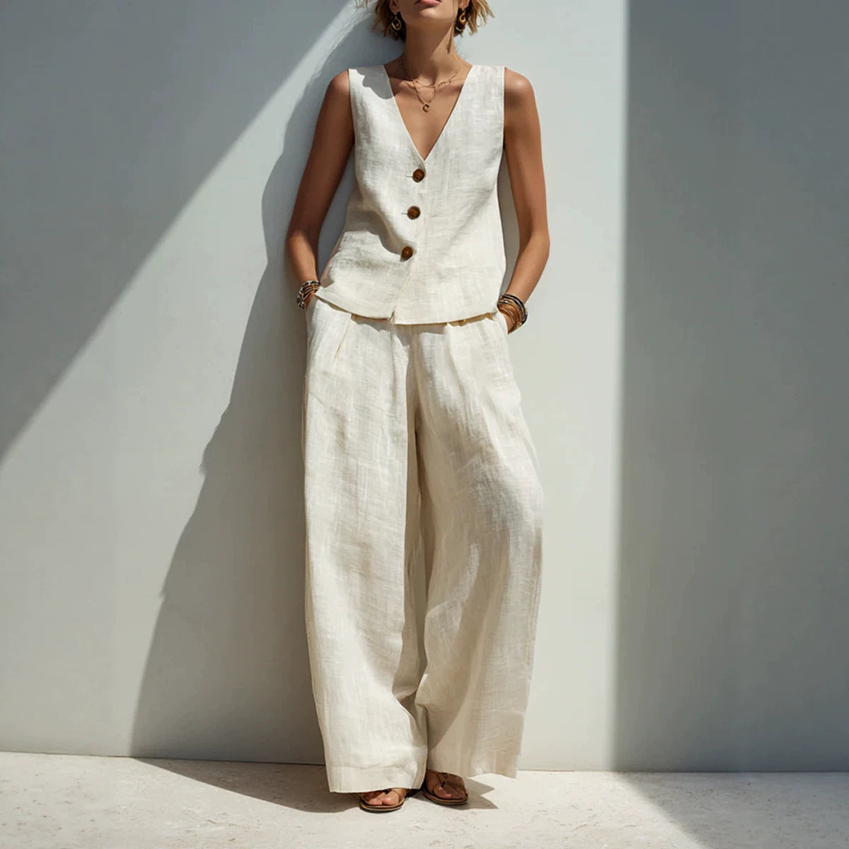 Linen Blend V-Neck Buttoned Vest & High-Waist Wide-Leg Pants Set – 5 Colors S–3XL FitiqueFit