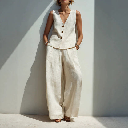 Linen Blend V-Neck Buttoned Vest & High-Waist Wide-Leg Pants Set – 5 Colors S–3XL FitiqueFit