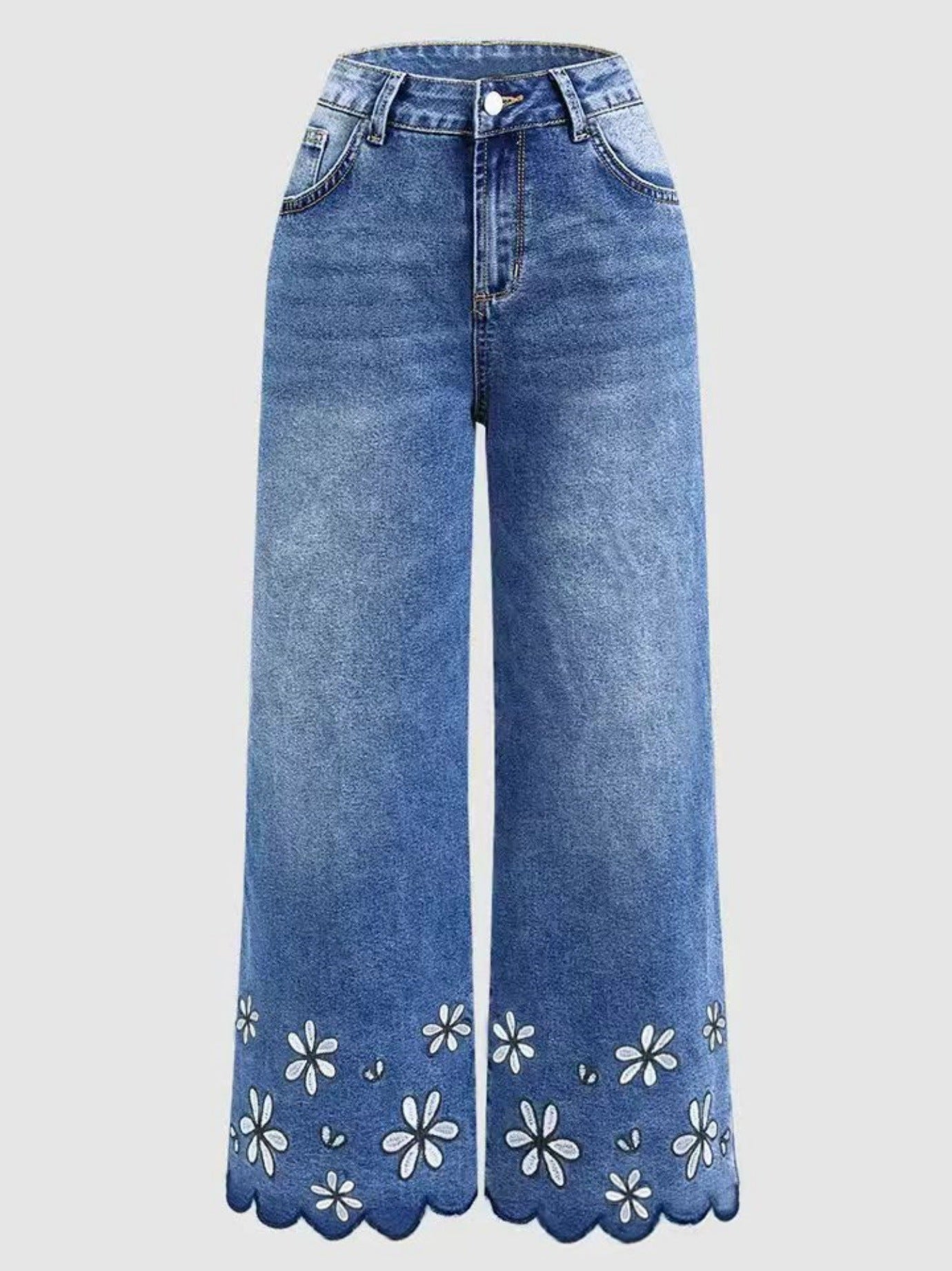 Chrysanthemum Embroidered Cropped Denim Jeans – Women's Loose Straight-Leg FitiqueFit