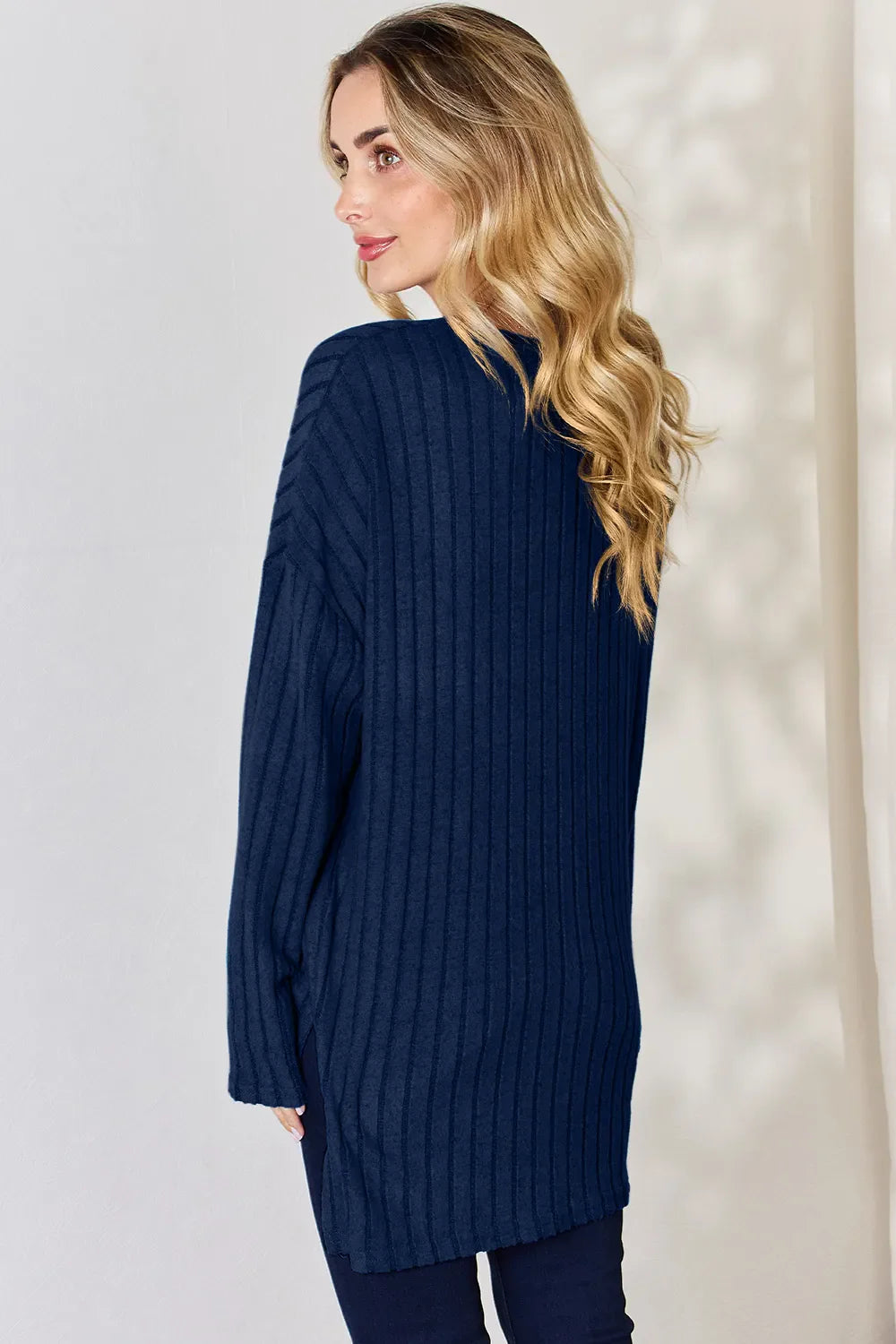 Basic Bae Full Size Ribbed Half Button Long Sleeve High-Low T-Shirt New Era Fashion LLc