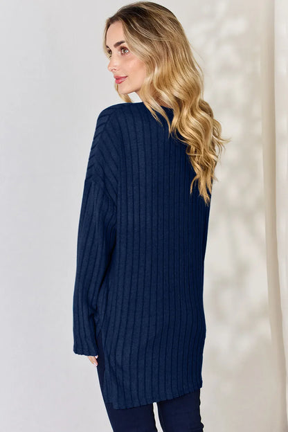 Basic Bae Full Size Ribbed Half Button Long Sleeve High-Low T-Shirt New Era Fashion LLc