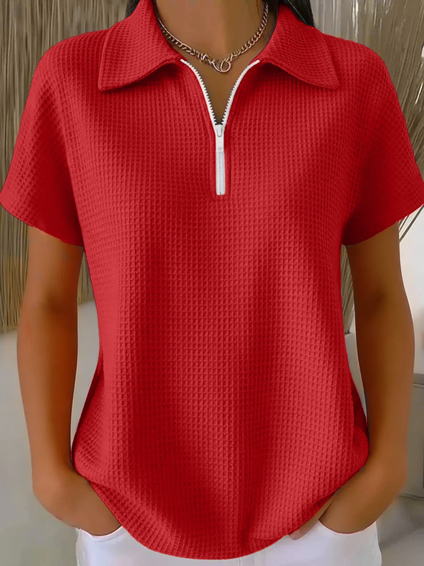 Drop Shoulder Half-Zip Waffle Knit Top – 3/4 Sleeve Pullover FitiqueFit