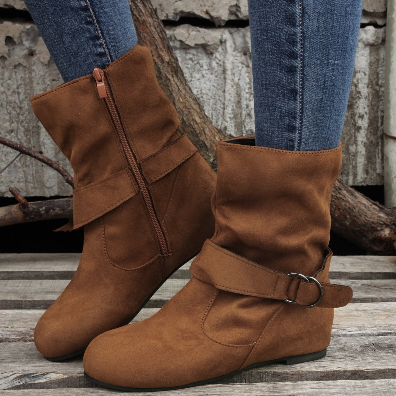 1.18inch Inner Height Increase Women's Short Boots with Flat Sole, Buckle Closure, Comfortable, Warm, and Lightweight, Women Shoes NovaCart