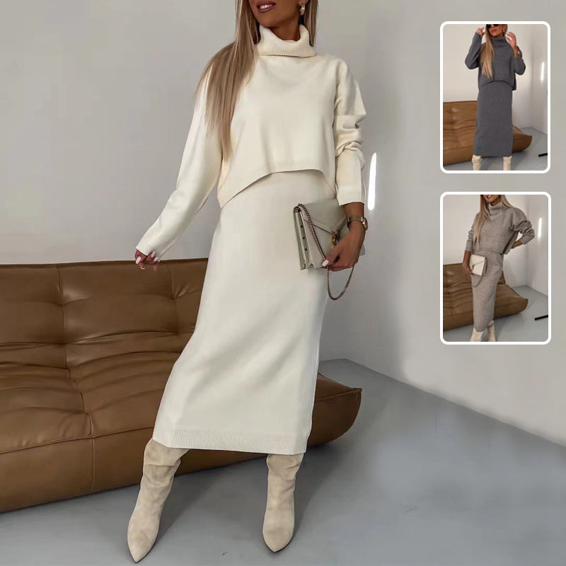 2pcs Sweater Suit Winter Fashion Turtleneck Pullover And Sleeveless Long Dress Womens Clothing Grayceful LLC