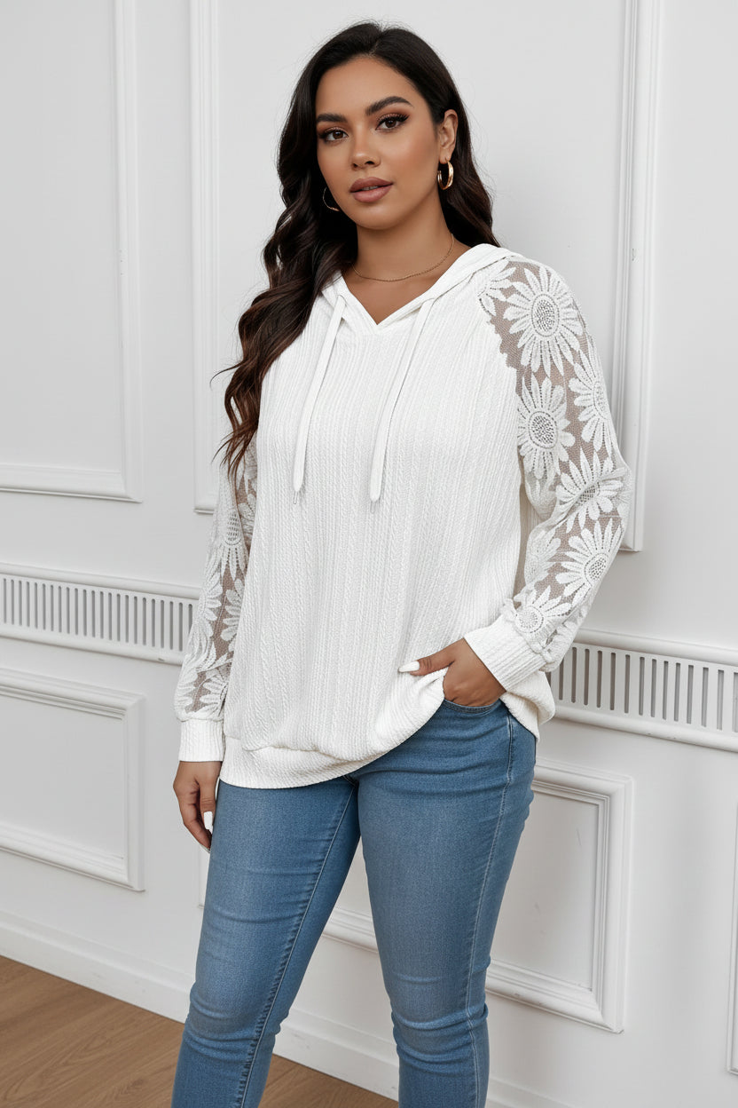 Women's Round-Neck Hollow-Out Lace Paneling Long Sleeve Pullover – White FitiqueFit