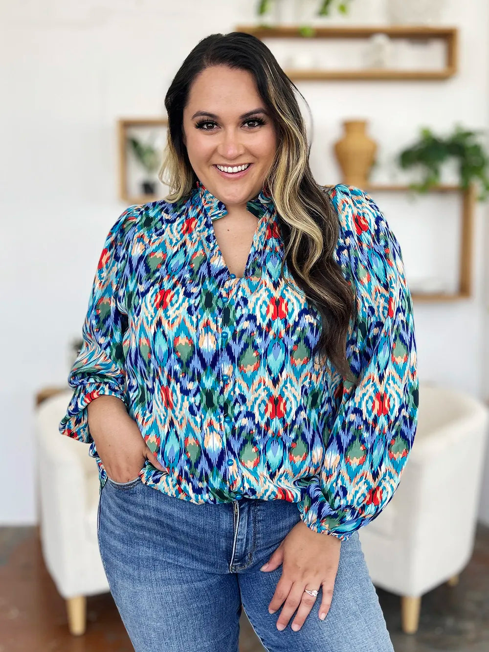 Double Take Full Size Printed Balloon Sleeve Blouse New Era Fashion LLc