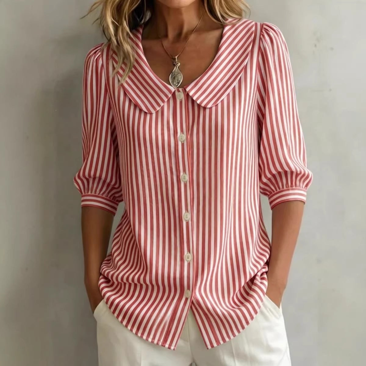 Striped V-Neck Top – Three-Quarter Sleeve Casual Shirt FitiqueFit