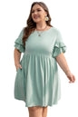 Grass Green Ruffle Trim Short Sleeve Plus Size Flared Mini Dress Garden Naked Curves