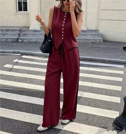 Women's Contrast Color Sleeveless Vest & Drawstring Trousers Suit – 6 Colors S–XXL FitiqueFit