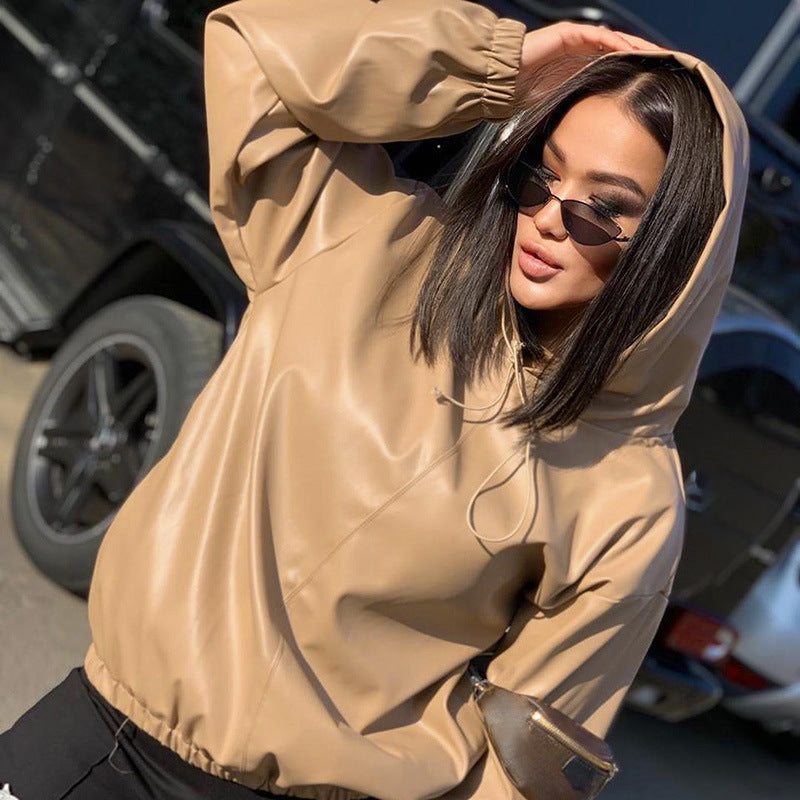 Women's Leather Versatile Round Neck Hoodie See size chart under “more details” The Fashion Celestial