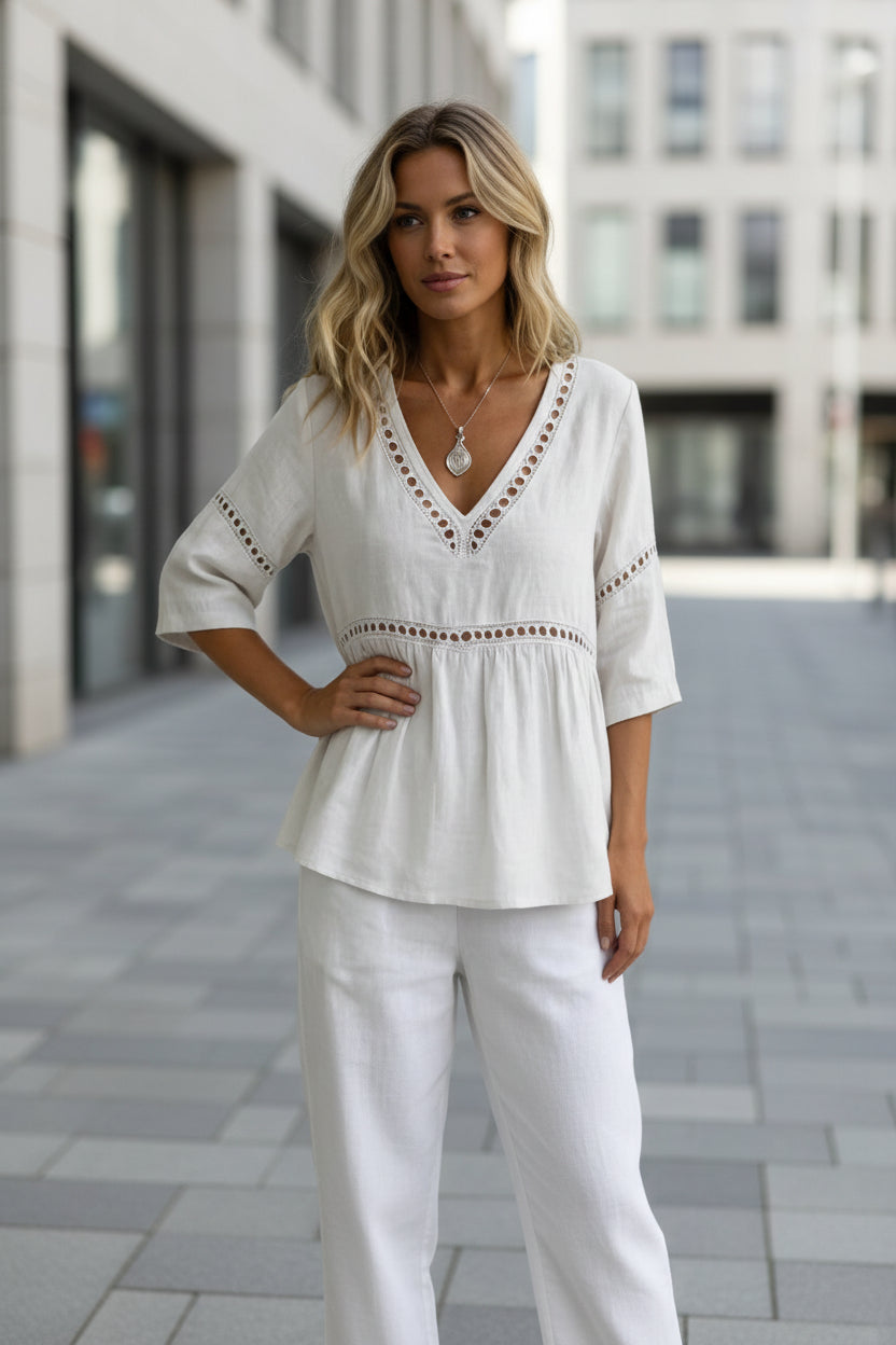 Women's V-Neck Hollow-Out Fringe Cotton-Linen Top FitiqueFit
