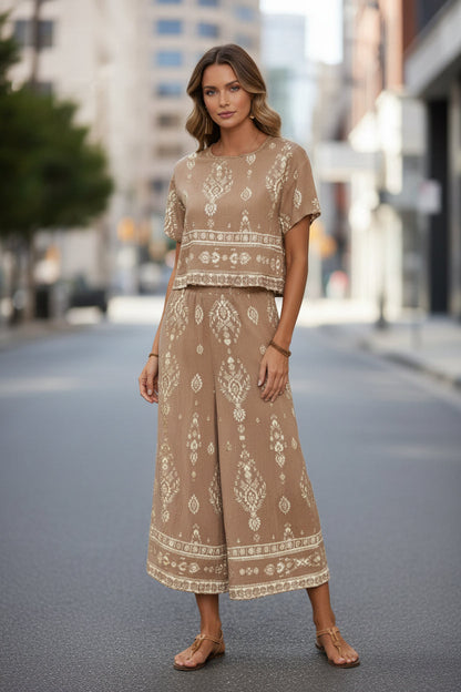 Women's Ethnic Print Contrast Two-Piece Set – Top & Straight-Leg Pants FitiqueFit