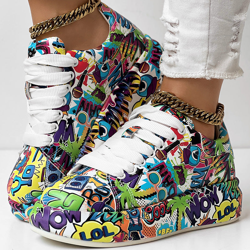 Women's Casual Round Toe Thick Sole Lace-Up Sneakers, Random Print Design, Comfortable Sporty Shoes For Daily Wear See size chart under “more details” The Fashion Celestial