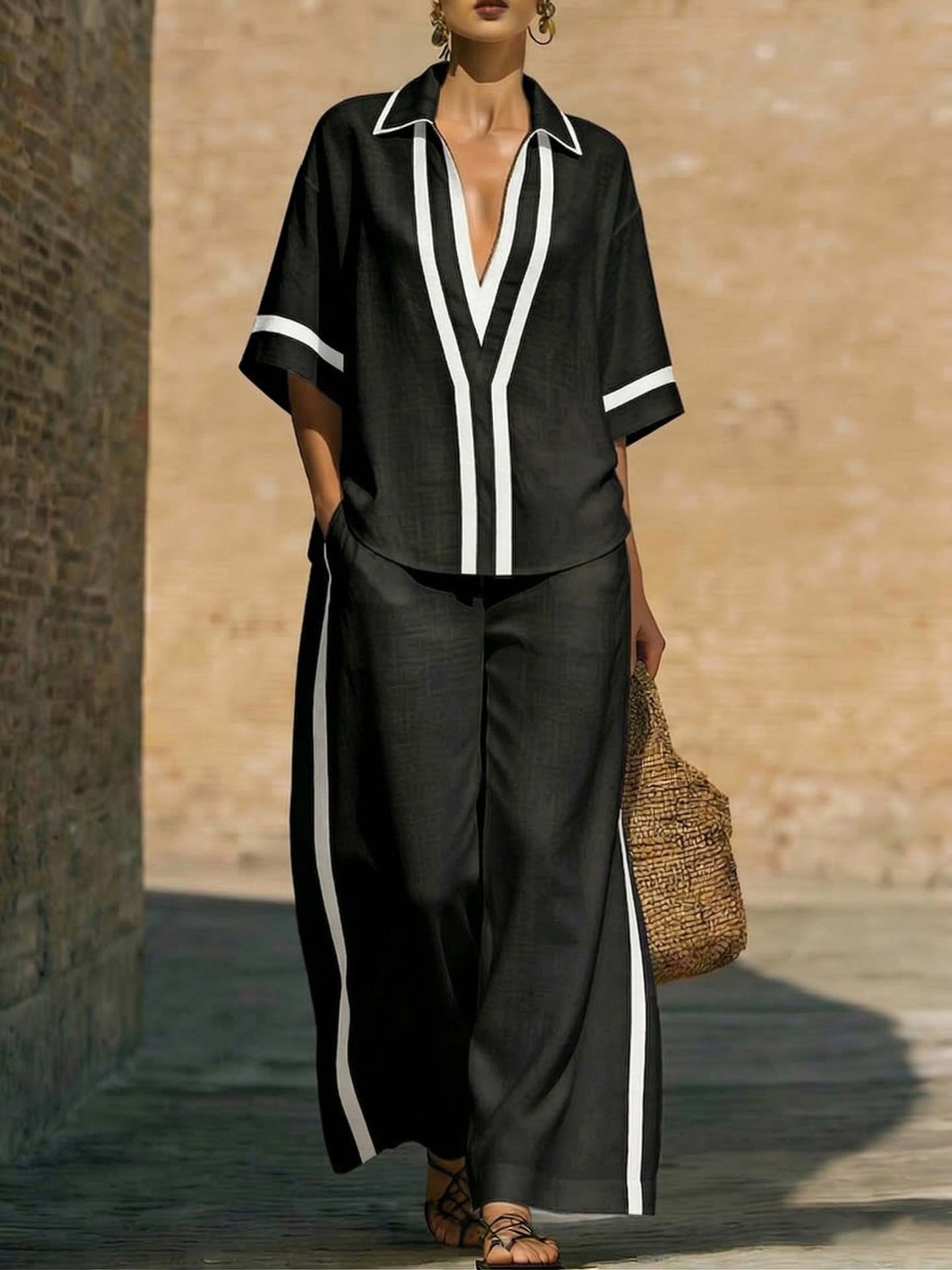 Women’s Color Block Shirt and Wide-Leg Pants Set FitiqueFit