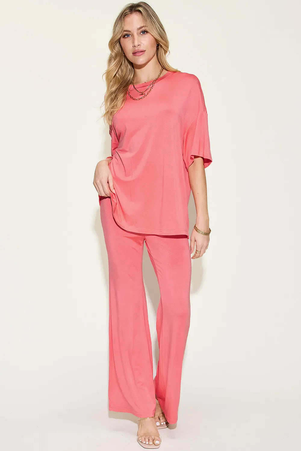 Basic Bae Full Size Bamboo Drop Shoulder T-Shirt and Flare Pants Set New Era Fashion LLc