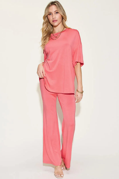 Basic Bae Full Size Bamboo Drop Shoulder T-Shirt and Flare Pants Set New Era Fashion LLc