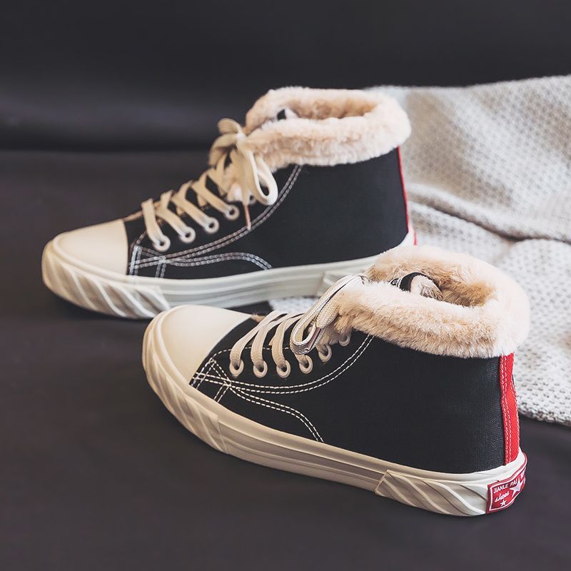 Women’s Warm Black Winter Thick Flat High-Top Velvet Canvas Shoes FitiqueFit