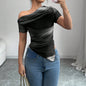 Women’s Tie-Dye One-Shoulder Mesh Ruched Top – Asymmetrical Stretch Tee for Going Out FitiqueFit