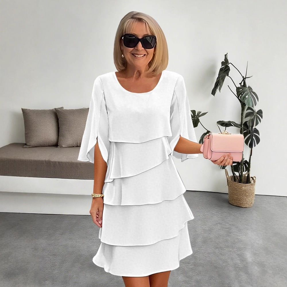 Patchwork Cake Midi Dress – Round Neck Short Sleeve Tiered Skirt FitiqueFit