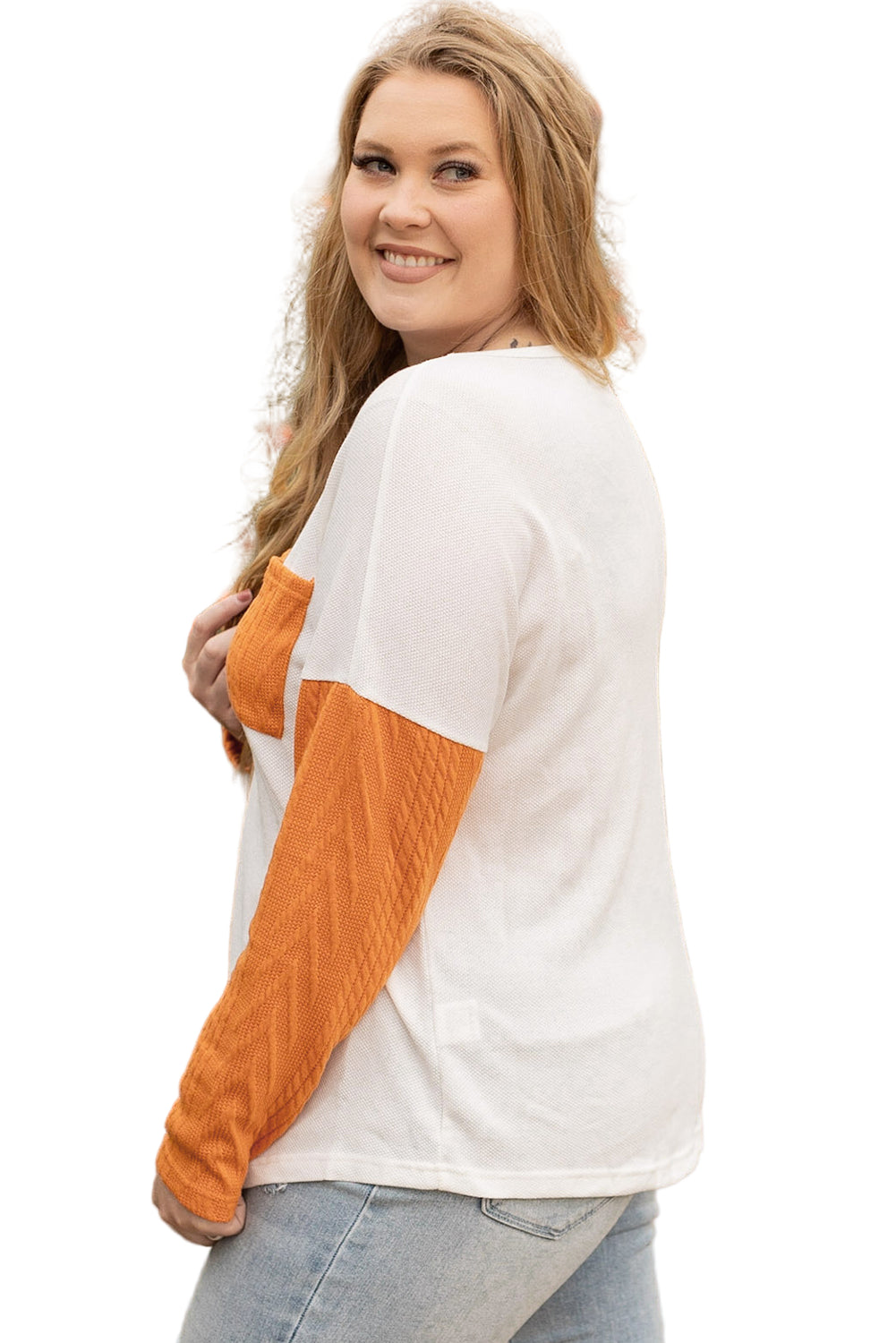 Chestnut Plus Size Pocket Textured Patchwork Top Garden Naked Curves