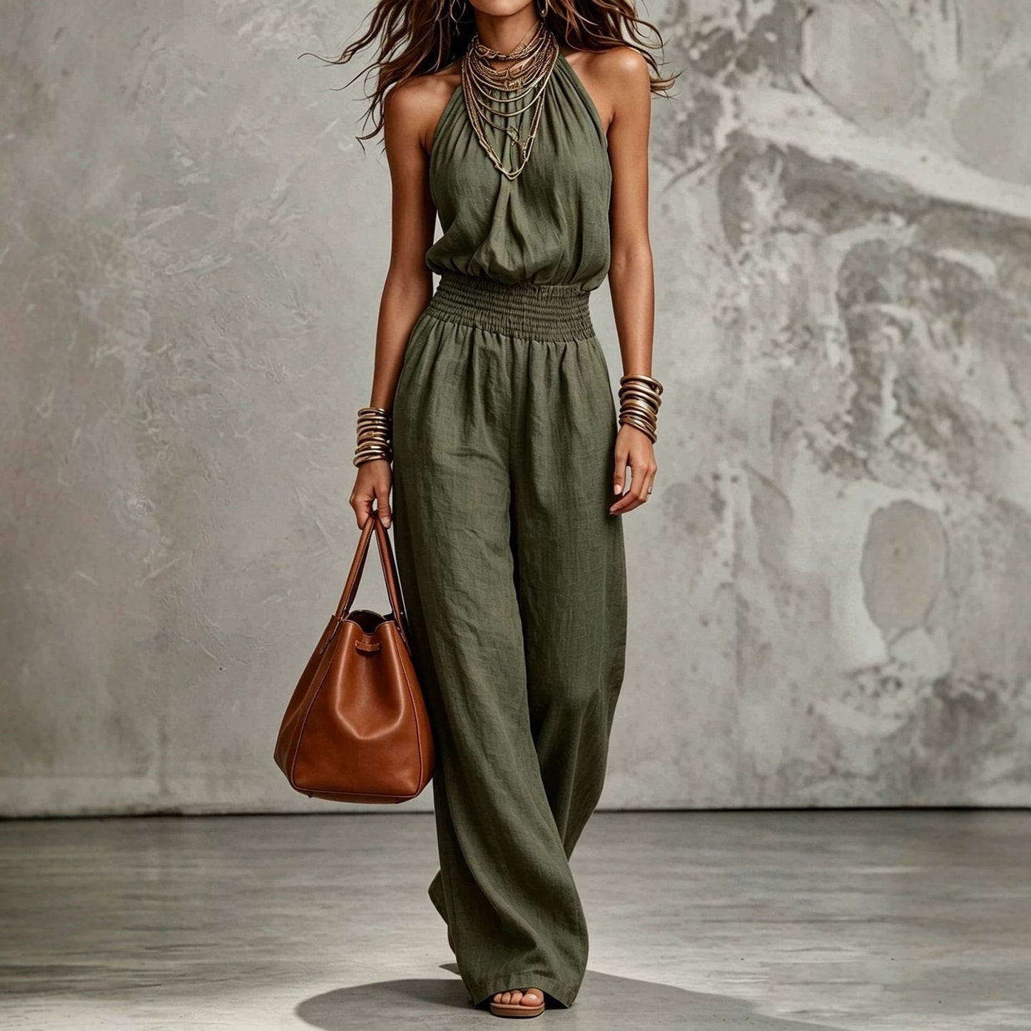 Women's Sleeveless Backless Lace-Up Halter Wide-Leg Jumpsuit FitiqueFit