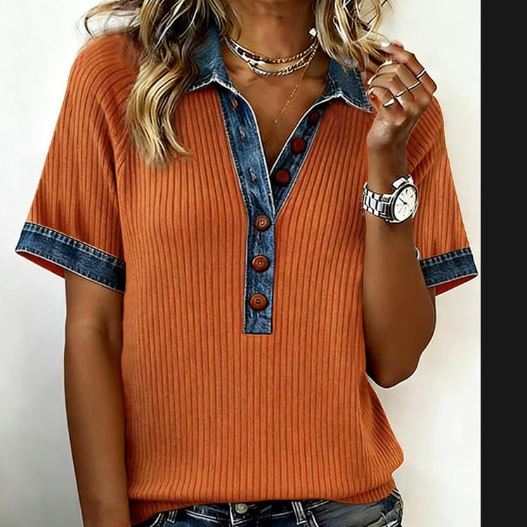 Euro-American Denim-Trimmed Loose T-Shirt for Women FitiqueFit