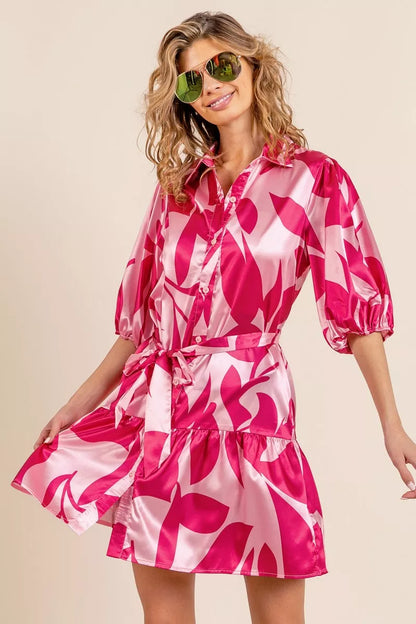 BiBi Leaf Pattern Collared Satin Dress New Era Fashion LLc