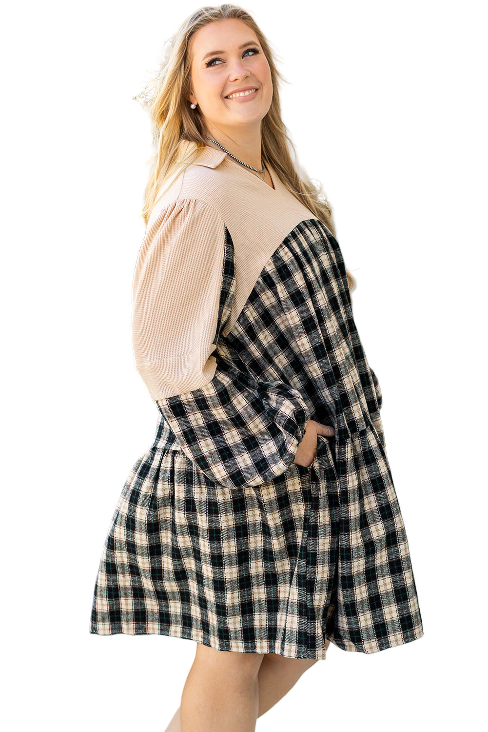 Black Plaid Waffle Knit Patchwork Collared V Neck Plus Size Mini Dress Garden Naked Curves