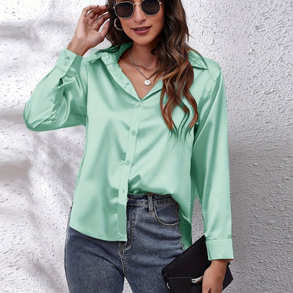 Hot Style In-Kind Shooting Satin Shirt Women'S Satin Imitation Long-Sleeved Shirt New European And American Cross-Border Women'S Clothing NovaCart